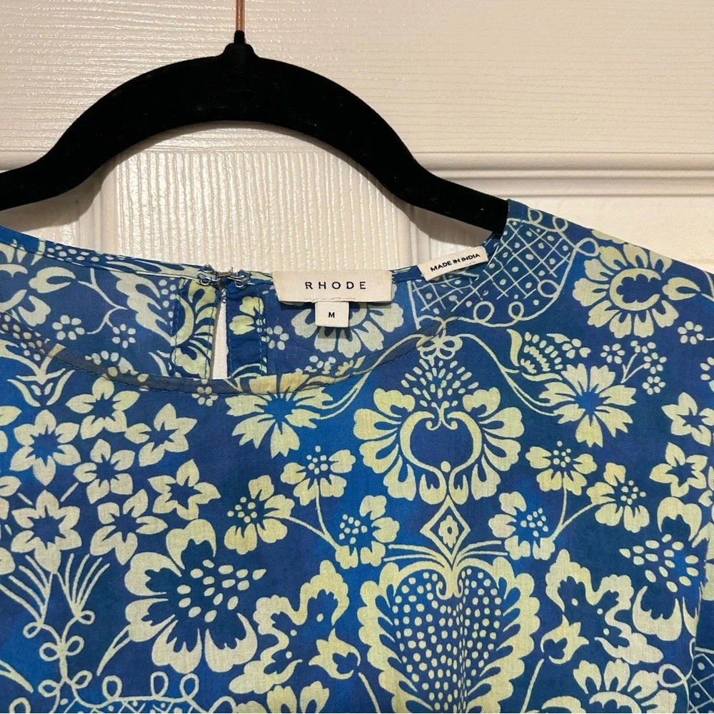RHODE Floral Print Dress Blue Cream Feminine Ruffle Cotton Beach Vacation Sz Med - Picture 3 of 16